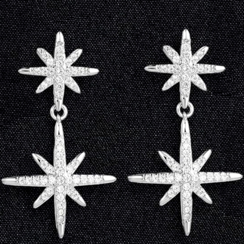 Silver Starburst Earrings Double Star Rhinestone Pave Crystal Dangle Stars Post - Picture 2 of 4
